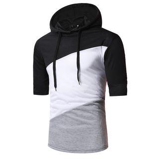 Color Block Elbow-sleeve Hooded T-shirt