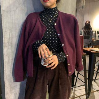 Long-sleeve Mock-neck Dotted T-shirt White Dots - Navy Blue - One Size