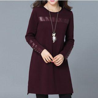 Faux-leather Panel Long-sleeve Dress