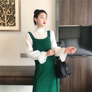 Mock Turtleneck Long-sleeve Blouse / Midi Knit Pinafore Dress