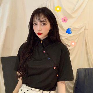 Short-sleeve Contrast Button Top