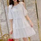 Elbow-sleeve Cold Shoulder Lace A-line Tiered Dress