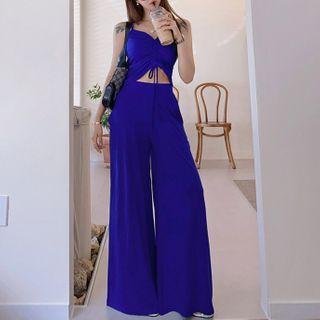 Set: Drawstring Cropped Camisole Top + Wide-leg Pants