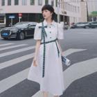 Short-sleeve Henley Bow Accent Midi Shirt Dress