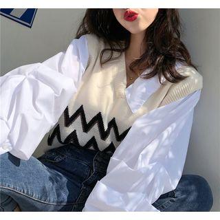 Mock-two V-neck Puff-sleeve Sweater