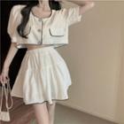 Set: Short-sleeve Button-up Cropped Blouse + Mini A-line Skirt