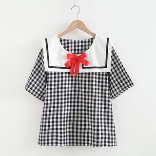 Elbow-sleeve Sailor Collar Gingham Blouse