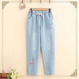 Giraffe Embroidered Drawstring Jeans
