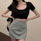 Short-sleeve Button-up Crop Top / Denim Mini Skirt
