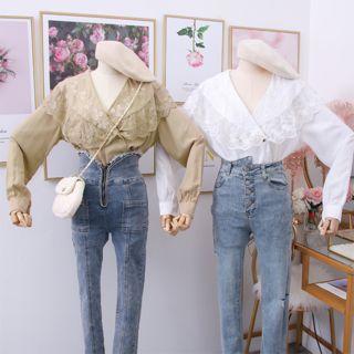 Embroidered Lace-panel Double-breasted Shirt