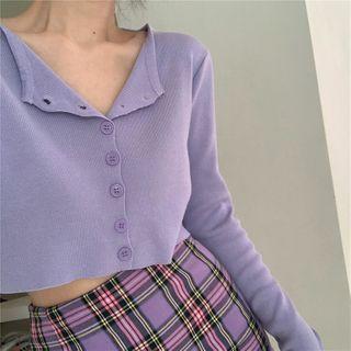 Plain Cropped Cardigan / Plaid Slim-fit Skirt