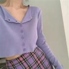 Plain Cropped Cardigan / Plaid Slim-fit Skirt