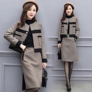 Set: Two-tone Button Jacket + A-line Skirt