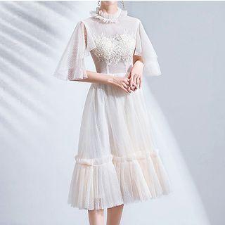 Cape-sleeve Floral Embroidered A-line Mesh Cocktail Dress