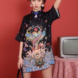 Short-sleeve Cartoon Print Cheongsam Top