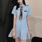 Short-sleeve Shirt Dress / Neck Tie / Belt / Set