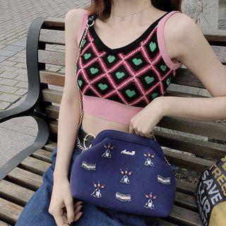 V-neck Heart Pattern Knit Cropped Camisole Pink - One Size