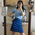 Short-sleeve Frill Trim Cropped Top / High-waist Plaid Split Skirt