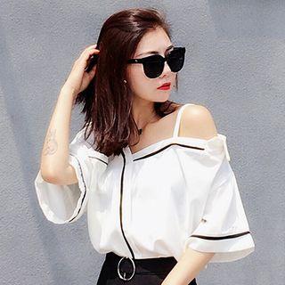 Contrast Trim Cold Shoulder Elbow-sleeve Blouse