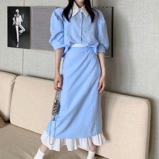 Set: 3/4-sleeve Shirt + Midi A-line Skirt