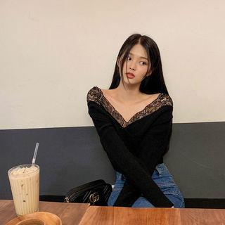 Laced Surplice-neck Knit Top
