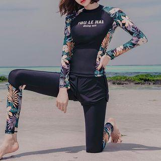 Set: Floral Print Long-sleeve Swim Top + Shorts + Leggings