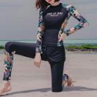 Set: Floral Print Long-sleeve Swim Top + Shorts + Leggings