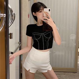 Short-sleeve Sequined Cropped Top / High-waist Split Hem Shorts