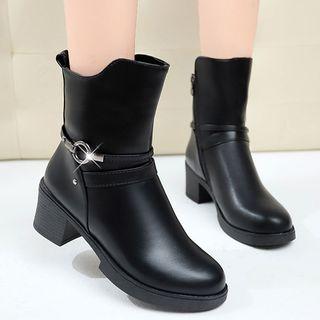 Rhinestone Buckle Block Heel Booties
