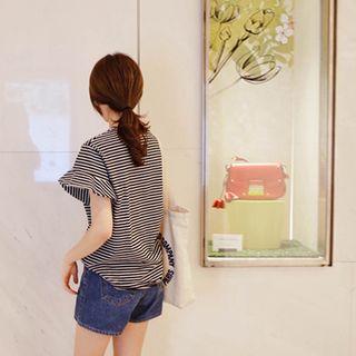 Ruffle-cuff Appliqu  Striped T-shirt