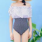 Off-shoulder Short-sleeve Polka Dot Swimsuit
