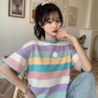 Short-sleeve Floral Embroidered Striped T-shirt As Shown In Figure - One Size