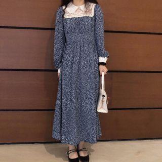 Lace Panel Floral Print Long-sleeve Midi A-line Dress Blue - One Size