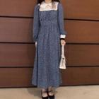Lace Panel Floral Print Long-sleeve Midi A-line Dress Blue - One Size