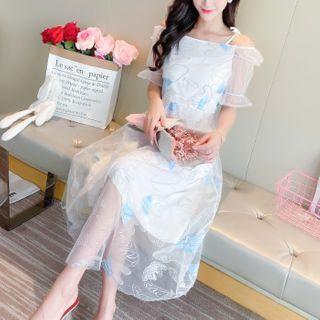 Puff-sleeve Mesh-panel Midi Dress