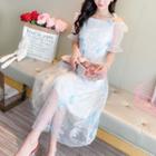 Puff-sleeve Mesh-panel Midi Dress