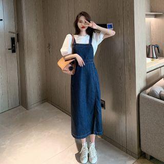 Short-sleeve Blouse / Midi Denim Jumper Dress / Set