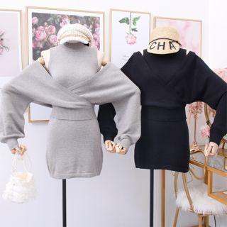 Set: Mock-neck Knit Dress + Knit Cape Top