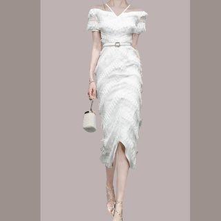 Short-sleeve Cold Shoulder Midi Sheath Dress With Belt