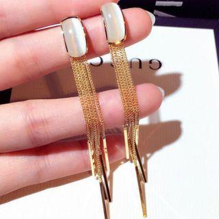 Faux Cat Eye Stone Alloy Fringed Earring 1 Pair - White & Gold - One Size