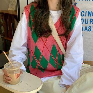 Long-sleeve T-shirt / Argyle Print Knit Vest