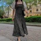 Short-sleeve Dotted Midi A-line Dress Black & White - One Size