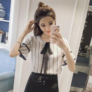Short-sleeve Lace-bow Striped Blouse