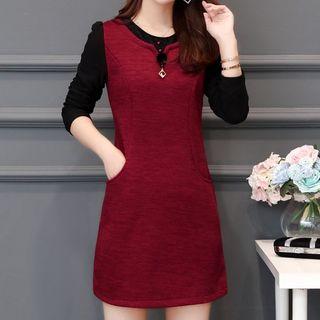Long-sleeve Color Block Mini Shift Dress