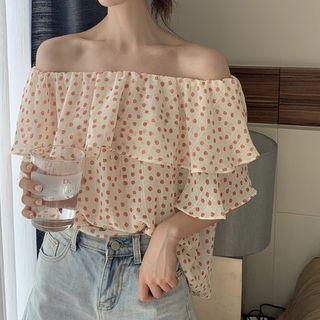 Dotted Off-shoulder Ruffle-trim Chiffon Blouse