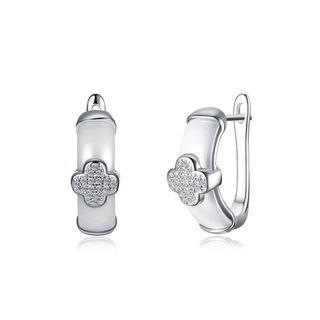 Sterling Silver Fashion Elegant Flower White Ceramic Earrings With Cubic Zircon  - One Size
