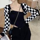 Long-sleeve Contrast Plaid Knit Shrug Plaid - Black & White - One Size
