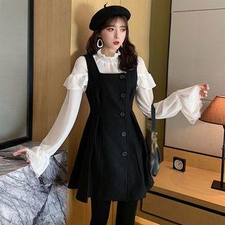 Ruffle Long-sleeve Blouse / Plaid Slim-fit Jumper Dress