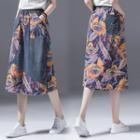 Print Panel Denim Midi A-line Skirt