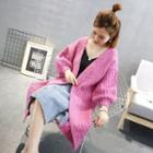 Puff-sleeve Ribbed Long Cardigan